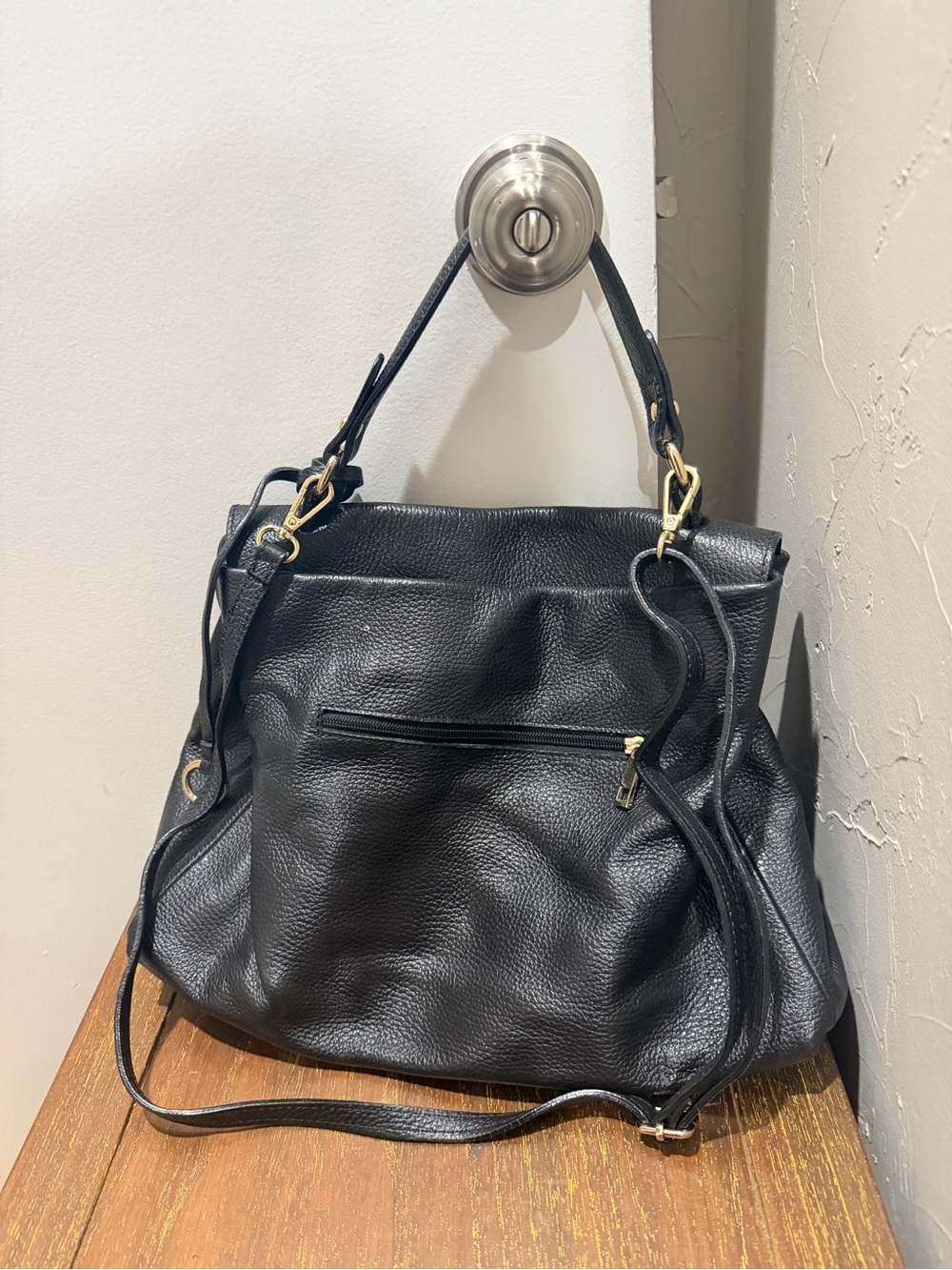 Black Leather Shoulder Bag with Gold Hardware - Picture 3 of 6